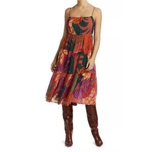 FARM RIO Dress L Tropical Beads-Tassels Drawstring-Waist Fit&Flare/A-Line Floral